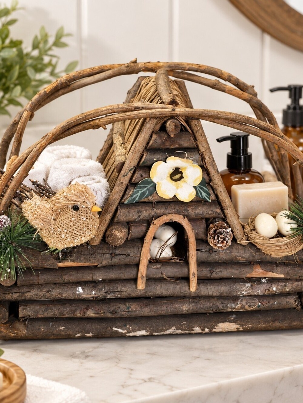 Rustic Twig Birdhouse Bathroom Organizer Farmhouse Vanity Shelf Decorative Stora